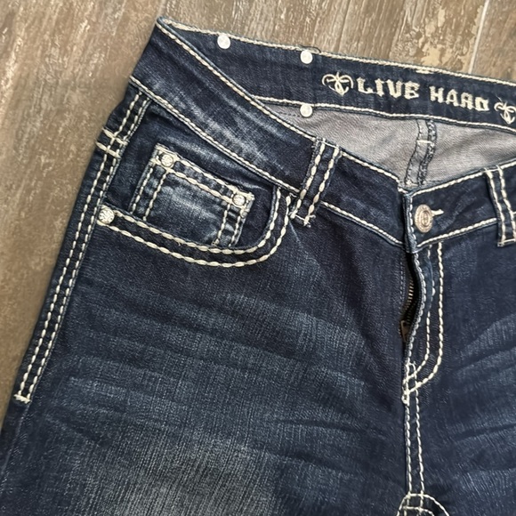 Live Hard Play Hard Design Silver Rhinestone Bootcut Mid-Rise Jeans Sz 30 L 36 - Picture 4 of 13